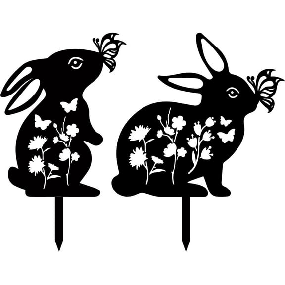 2Pcs Rabbit Metal Decor for Outside Black Rabbit Stake Rabbit Garden Decor Art Bunny Silhouette Statues Garden Decorative Ground Insert Lawn Ornaments for Outside Outdoor 9/12.4x11.8Inch