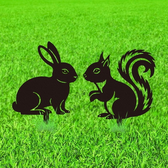 2Pcs Rabbit Squirrel Metal Decorative Garden Stakes Rabbit Squirrel Silhouette Metal Outdoor Statues Animal Garden Ornament Gifts