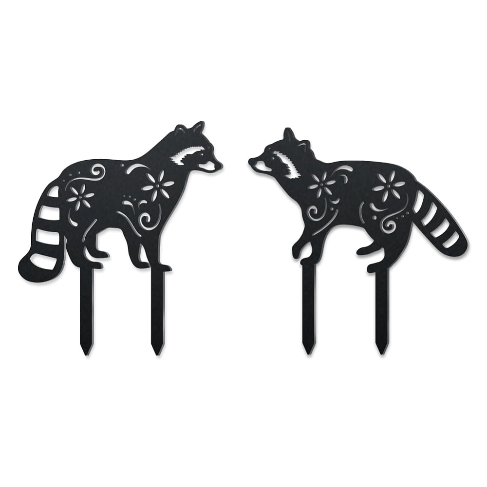 2Pcs Raccoon Metal Decorative Garden Stakes Black Raccoon Silhouette Metal Outdoor Statues Animals Garden Ornament Gifts Black Yard Art Decoration