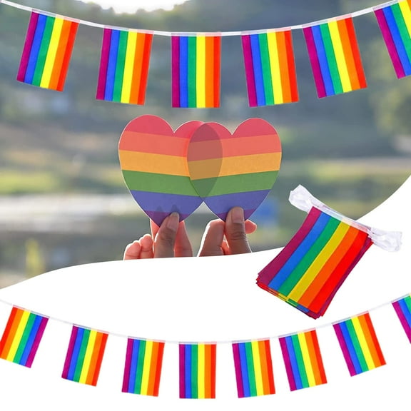2Pcs Rainbow Pride Flag Decoration party Set, 8.26x5.5inch Rainbow Flags with Pride Banner Rainbow String Bunting and Hand Held Stick Pride Flags for Pride Month Parade decor