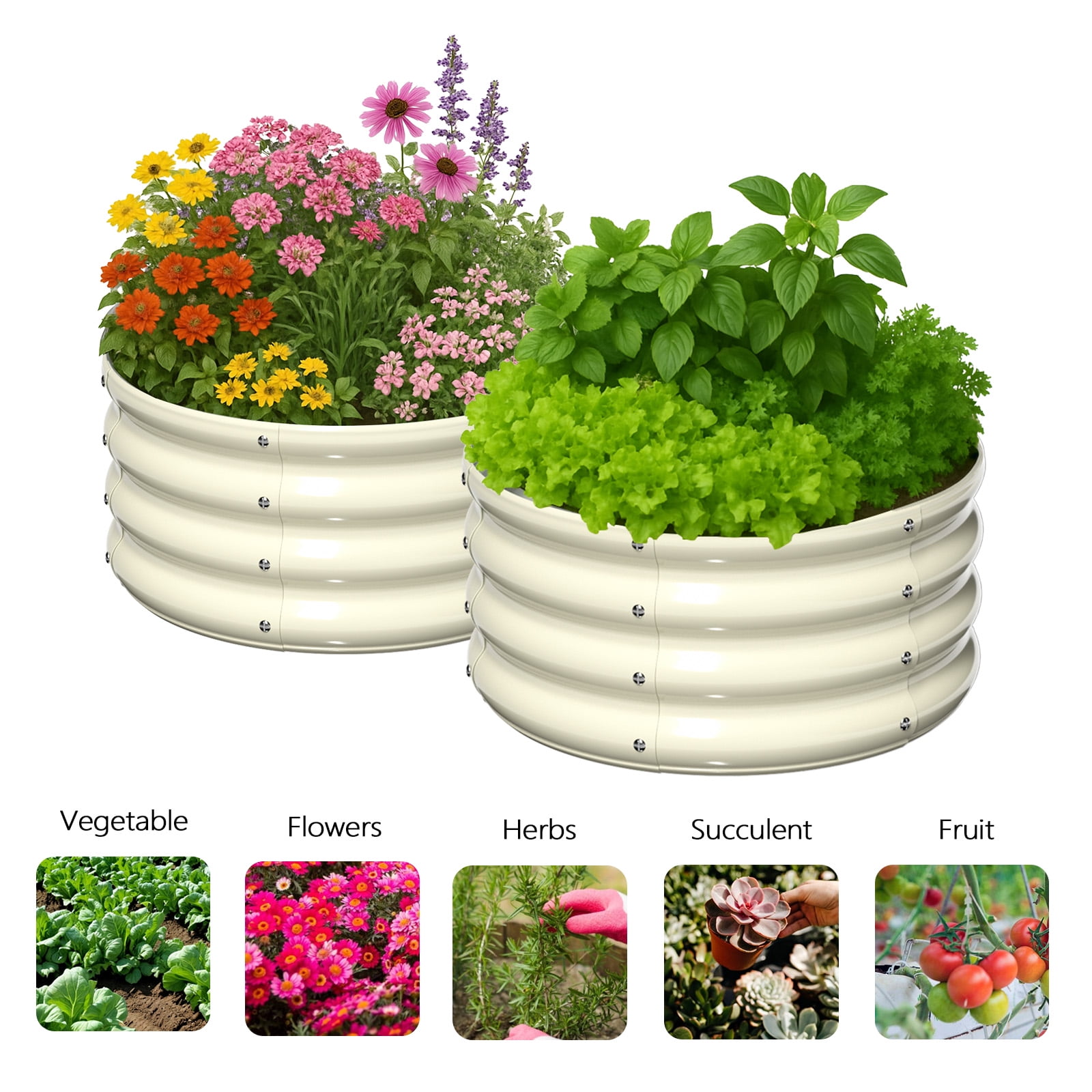 2Pcs Raised Garden Bed, Round Galvanized Outdoor Planter Box, Metal Garden Bed for Planting Vegetables Fruits Flowers, White, 2x2x1ft