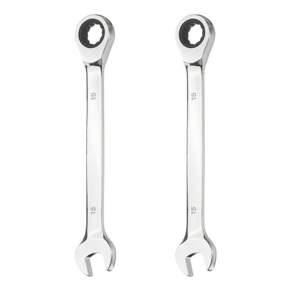 2Pcs Ratchet Combination Wrench 15mm Metric 12-Point Box and Open End CR-V Steel