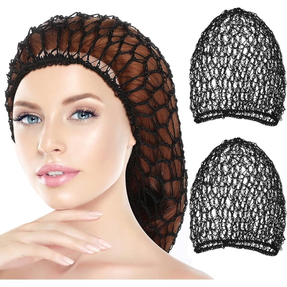 Vensio-2Pcs Rayon Knit Crochet Hair Net Snoods Black Mesh Hairnet Cap for Women Sleeping Long Hair Protection