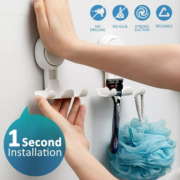 2Pcs Razor Holder for Shower, Suction Cup Hooks Powerful Vacuum Suction Hooks Removable and Reusable Shower Razor Hooks for Bathroom & Kitchen Shower Hooks, White