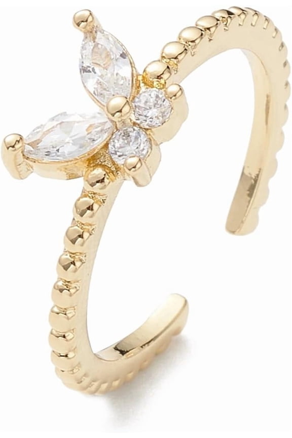 2Pcs Real 16K Gold Plated Butterfly Clear Cubic Zirconia Cuff Ring Open Ring Jewelry for Women 1.3mm ID: 17mm Gold