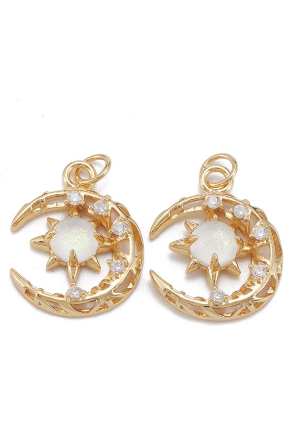 2Pcs Real 18K Gold Plated Brass Micro Pave Clear Cubic Zirconia Moon Glass Pendants for Women Festival Elegant Gifts DIY Jewelry Craft Making White 21x16.5x4.5mm
