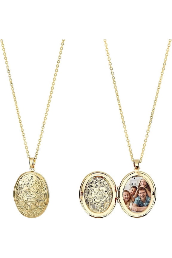 2Pcs Real 18K Gold Plated Floating Locket Pendants Photo Frame Charms Metal Oval Pendants Golden Charm Memory Photo Pendant for DIY Memorial Necklace Jewelry Craft Gold