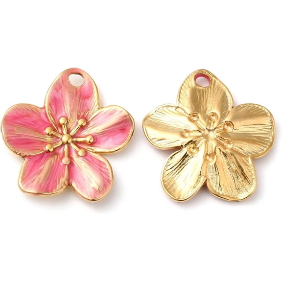 2Pcs Real 18K Gold Plated Flower Charm 304 Stainless Steel Enamel Pendants for Women Festival Gifts Jewelry DIY Bracelet Craft Making Deep Pink 24.5x22.5x2.5mm Hole: 2.5mm