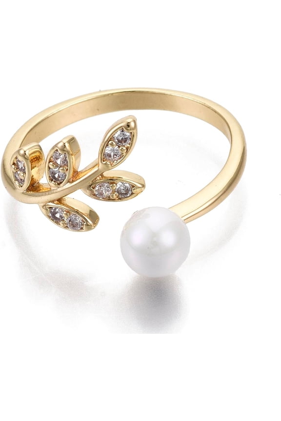2Pcs Real 18K Gold Plated Leaf Rings Brass Cubic Zirconia Cuff Finger Rings Open Rings with Plastic Imitation Pearl Beads Size 8 ID: 18mm diy