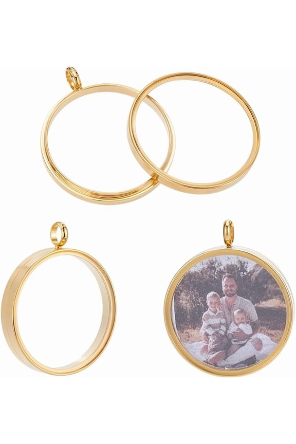 2Pcs Real 18K Gold Plated Memory Locket Charm Stainless Steel Glass Floating Charm Photo Frame Locket Pendants Flat Round DIY Picture Photo Charms for Jewelry Making