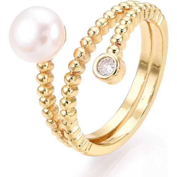 2Pcs Real 18K Gold Plated Pearl Double Lines Finger Ring Brass Finger Rings US Size 7(17.3mm) White