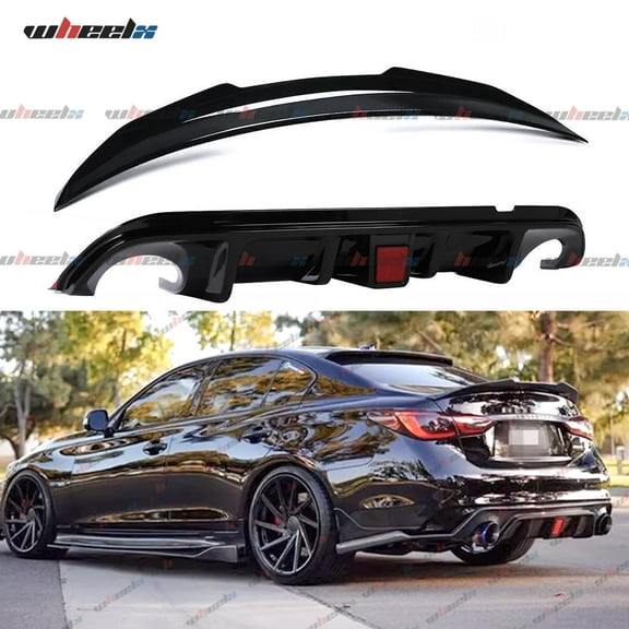 2Pcs Rear Trunk Spoiler & LED Rear Bumper Diffuser Lip Compatible with 2014-2017 Infiniti Q50, PSM Style Duckbill Trunk Tail Deck Lid Splitter Wing Lip (Glossy Black)