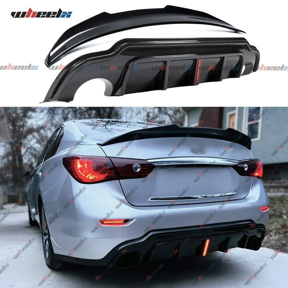 2Pcs Rear Trunk Spoiler & V2 Vertical Style LED Rear Bumper Diffuser Lip Compatible with 2014-2017 Infiniti Q50, PSM Style Duckbill Trunk Tail Deck Lid Splitter Wing Lip (Carbon Fiber Color)