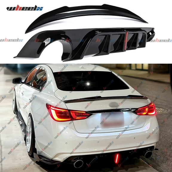 2Pcs Rear Trunk Spoiler & V2 Vertical Style LED Rear Bumper Diffuser Lip Compatible with 2018-2024 Infiniti Q50, PSM Style Duckbill Trunk Tail Deck Lid Splitter Wing Lip (Glossy Black)