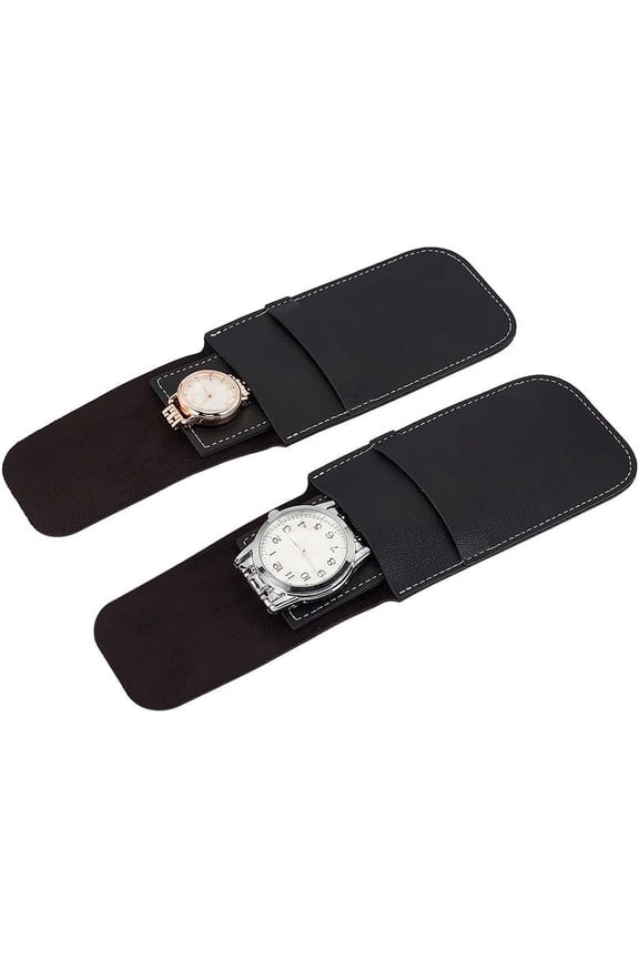 2Pcs Rectangle PU Imitation Leather Single Watch Storage Bag Portable Travel Wrist Watch Pouches Black 12.5x7cm