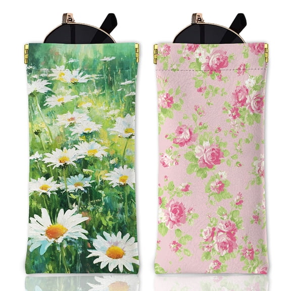 2Pcs Rectangle PU Leather Eyelasses Case Portable Slip-in Sunglass Pouch April Daisy 180x85mm