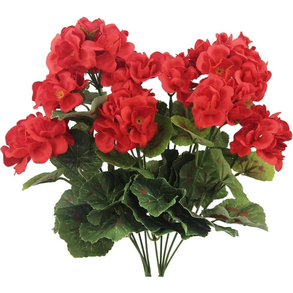 2Pcs Red Artificial Geranium Silk Flowers, 14" UV Resistant Faux Plants for Indoor/Outdoor Use - Home Garden, Patio, Grave Cemetery Decor, Vase & Table Centerpiece