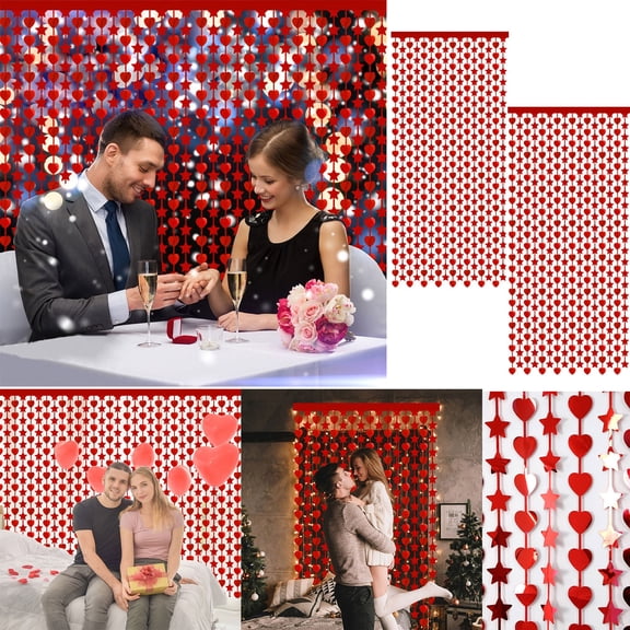 Valentine's Day Heart Curtain, Red Star Rain Silk Door & Wall Decoration, Holiday Party Background Decor