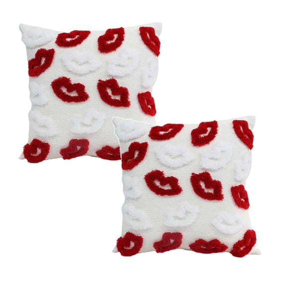 2Pcs Red Lips Throw Pillow, White Fluffy Textured, Decorative Cushion, Valentine'S Romance Theme For Couch Sofa Home Decor Gift (18X18 Inch)