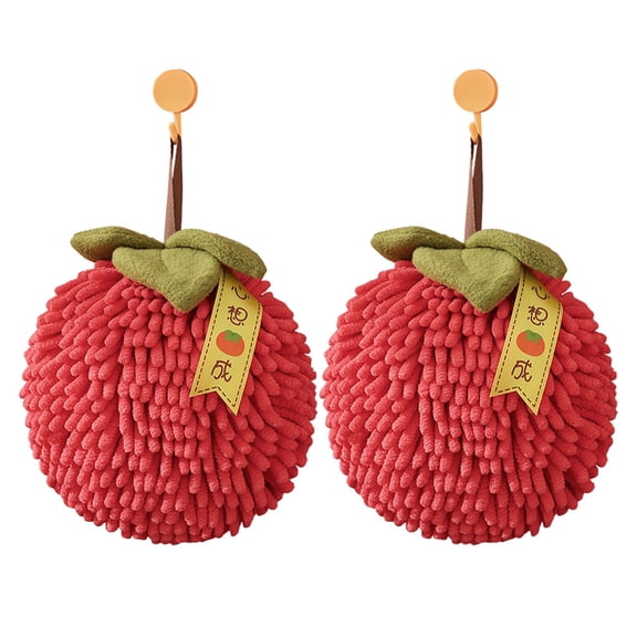 2Pcs Red Persimmon Chenille Hand Towels With Hooks Fuzzy Ball Hanging Drying Towels Soft Absorbent Decorative Wipe Cloth Set For Kitchen Bathroom Car Quick-Drying Skin- Comfort Creative Shape