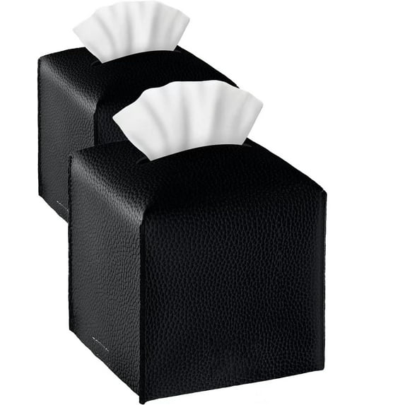 2Pcs Refined Tissue Box Cover, 12.7cm X 12.7cm, Modern PU Leather Square Tissue Box Holder for Creative Decoration, Perfect for Bathroom/Office/Car/Nightstand/Dining Table (Black)
