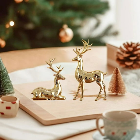 2Pcs Reindeer Figurines Resin, Nordic Elk Deer Statues for Xmas Tabletop Decor, Living Room Bookcase Centerpiece Christmas Decoration