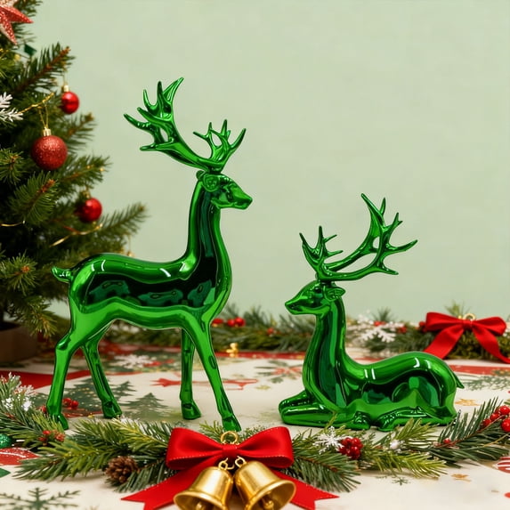2Pcs Reindeer Ornament Statues,Christmas Reindeer Plastic Sculpture Decor,Venados De Navidad Para Decoración,Standing Sitting Deer for Women Mom Gift Holiday Home Office TV Stand Shelf Wine Cabinet