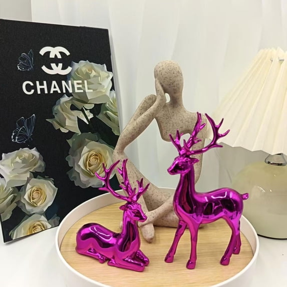 2Pcs Reindeer Ornament Statues,Christmas Reindeer Plastic Sculpture Decor,Venados De Navidad Para Decoración,Standing Sitting Deer for Women Mom Gift Holiday Home Office TV Stand Shelf Wine Cabinet