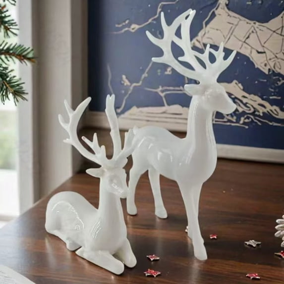 2Pcs Reindeer Resin Figurines Lucky Sitting and Standing Deer Statues Creative Modern Elk Decor Tabletop Christmas Reindeer, Reindeer Decor for Tabletop, and Shelf Elegant Deer Christmas Decor