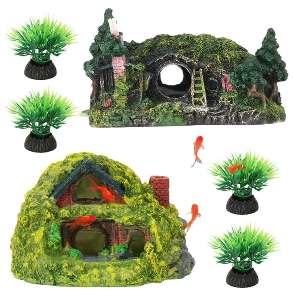 2Pcs Resin Aquarium Decor House Fade Resistant Resin Fish Hideout Create Realistic Scene Hollow Hideout House for Betta Fish