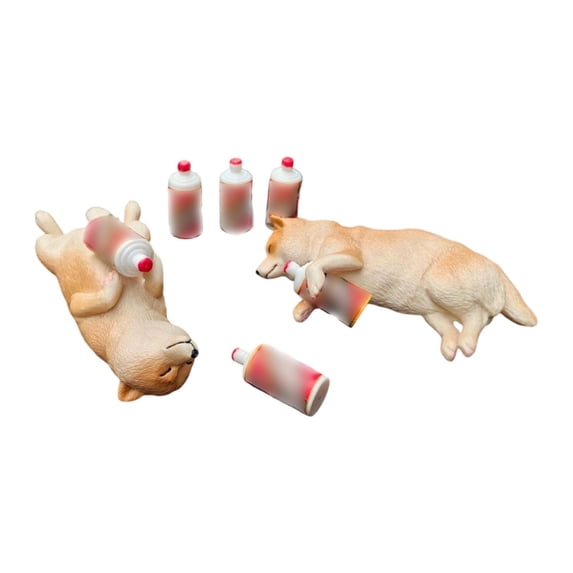 2Pcs Resin Drunken Shiba Inu Figurine Set With Mini Wine Bottle Ornaments Funny Car Dashboard Desk Tabletop Decor Statue(Red-2Pcs Set)