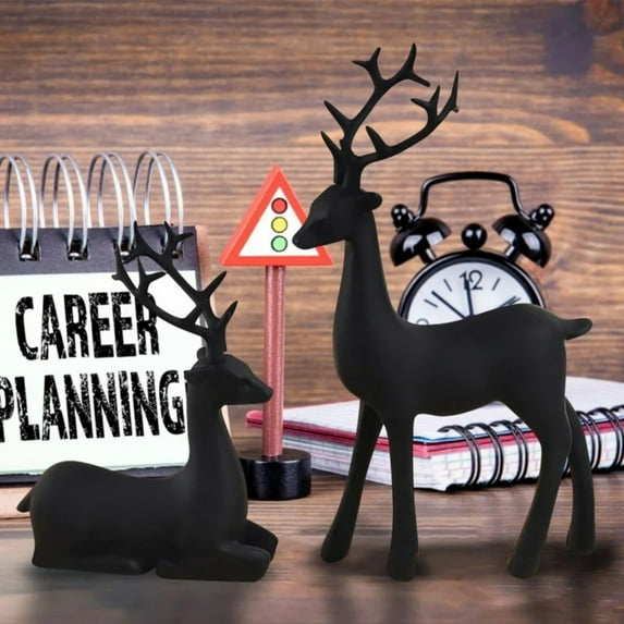 2Pcs Resin Reindeer Sculpture, Deer Statue, Christmas Reindeer Ornament for Home Office Desk Decor, Black, 6.5x3.7in & 4.1x3.3in by posdfud