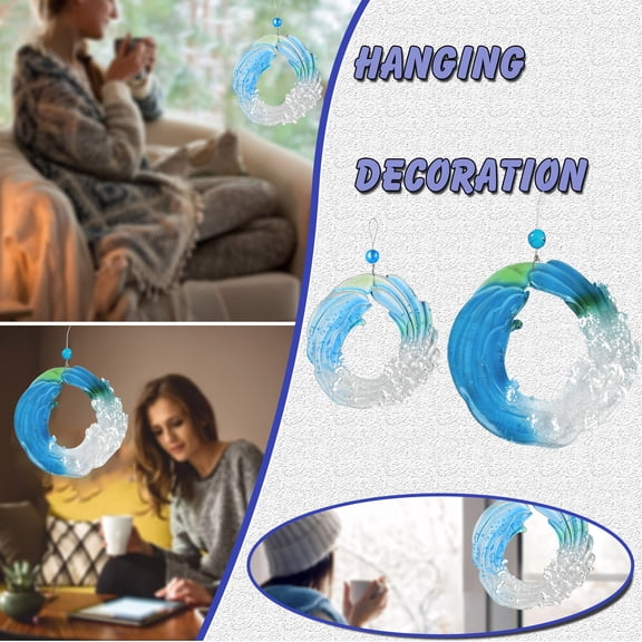 2Pcs Resin Wave Ornament, Sky Blue Wave Decorative Hanging Pendant, Beautiful and Easy to Wear, for Room Home Bedroom Decor, Gifts for Patio Car Decoration(8"+5"), By VINOIC