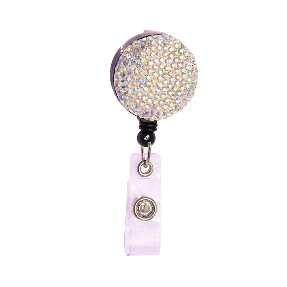 2Pcs Retractable Round Badge Clips Rhinestone ABS Straps ID Cards Badge ...