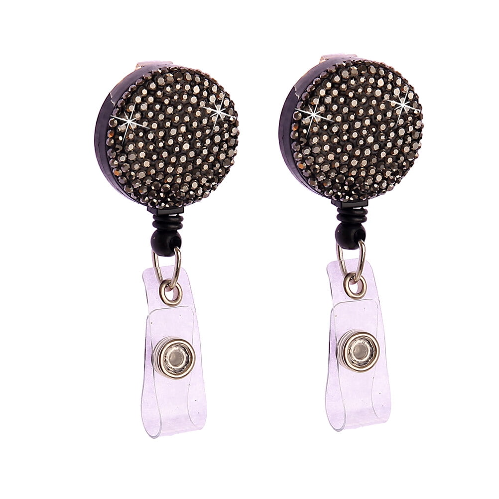 2Pcs Retractable Round Badge Clips Rhinestone ABS Straps ID Cards Badge