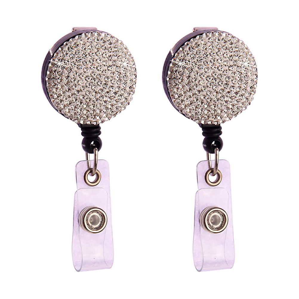 2Pcs Retractable Round Badge Clips Rhinestone ABS Straps ID Cards Badge