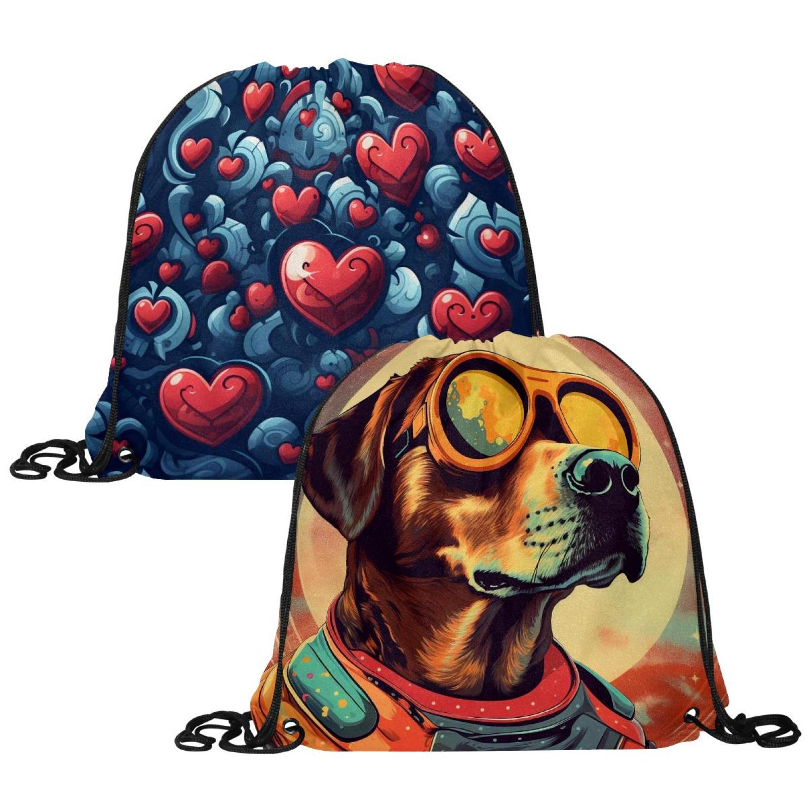 2Pcs Retro Glasses Dog Drawstring Bag,Water Resistant Gym Bag String