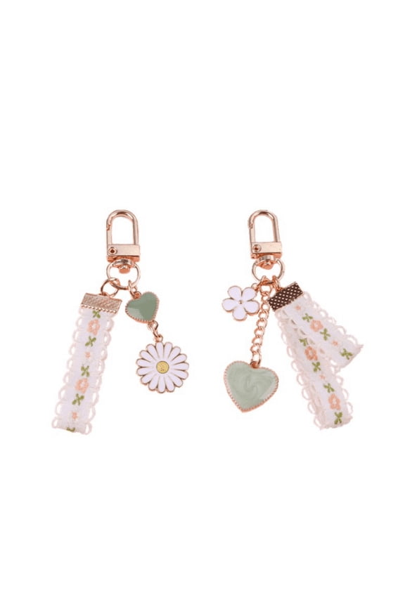 2Pcs Retro Style Jade Keychain White Flower Tassel Key Ring Bag Charm