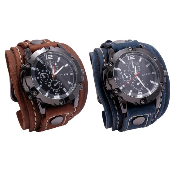 2Pcs Retro Style Wrist Watch Wide PU Leather Strap Band Wristwatch Jewelry