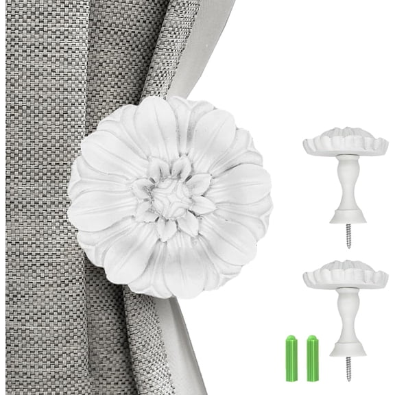 2Pcs Retro White Curtain Tiebacks, Curtain Holdbacks Wall Mounted, Classic and Useful Resin Curtain Hooks for Drapes, Wall Hooks - Daisy White