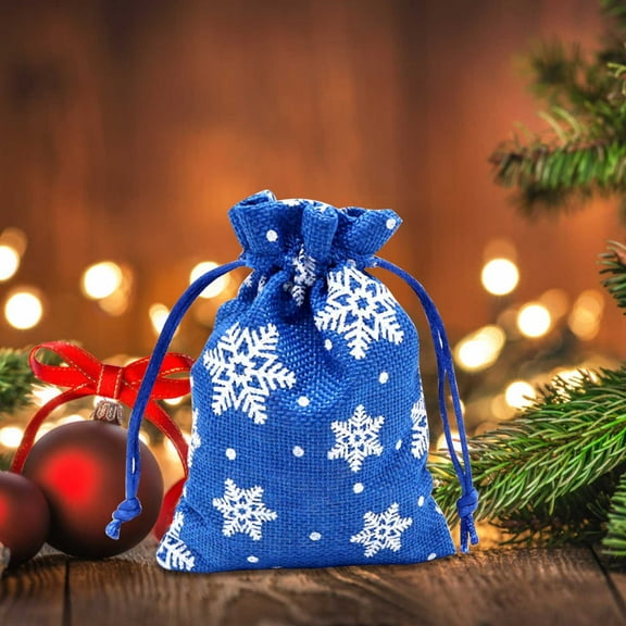 2Pcs Reusable Blue Jute Burlap Gift Bags with Drawstrings, Christmas Gift Bags, Christmas Snowflake Small Bag, Linen Snowflake Gift Bag, Candy Bag, Bundle Bag,