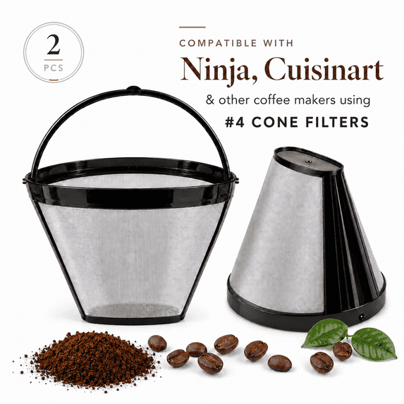 2Pcs Reusable Coffee Filter Basket, No.4 Cone Coffee Maker Filters, for Ninja and Cuisinart Coffee Maker Machines Brewers Filter Replacement