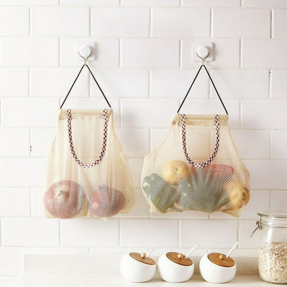 2Pcs Reusable Hanging Mesh Storage Bags Wall Mount Hanging Home Kitchen Grocery Bag Organizer for Potatoes, Onions, Garlics, Vegetables, Fruit or Garbage Bag