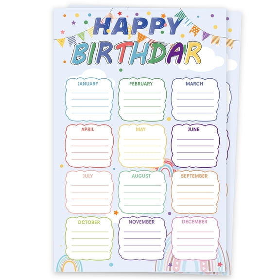 2Pcs Reusable Happy Birthday Chart Posters Birthday Chart Calendar for Classroom Decorations Rectangle Flag 430x280mm for DIY