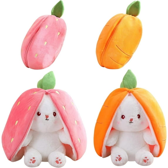 2Pcs Reversible Bunny Stuffed Animal Plush Toy with Zipper, Carrot&Strawberry Bunny Pillow Decoration, Cute Bunny Plushie Creative Gifts for Boys Girls(10in with leaves)