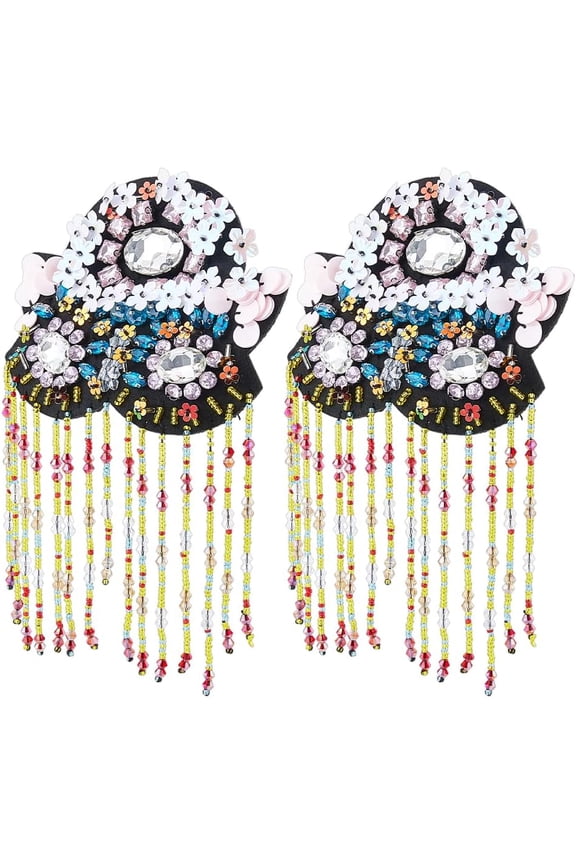 2Pcs Rhineston Brooches Flower Diamond Epaulettes Shaoxing Opera Costume Cloth Shoulder Badge Colorful Rhinestone Epaulettes Tassel Epaulettes Clothes Accessories 18.2cm Colorful