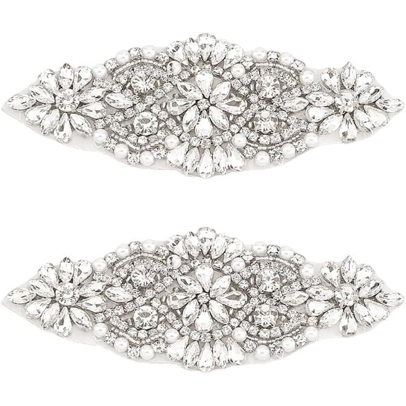 2Pcs Rhinestone Applique for Dress Alloy Bridal Sash Patches Silver Hotfix Beaded Sewing Patch DIY Wedding Belt for Dress Sash Clothing Handmade Shoes Decoration Silver DIY