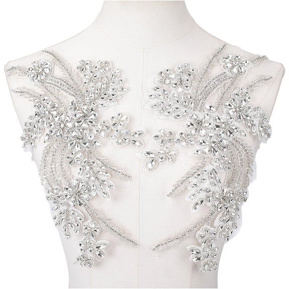 2Pcs Rhinestone Beaded Floral Embroidered Appliques Handmade 3D Shiny Bling Sequins Stone Embroidery Flower Lace Trim Applique Patches for Sewing Making Dress Gowns Wedding Clothes DIY
