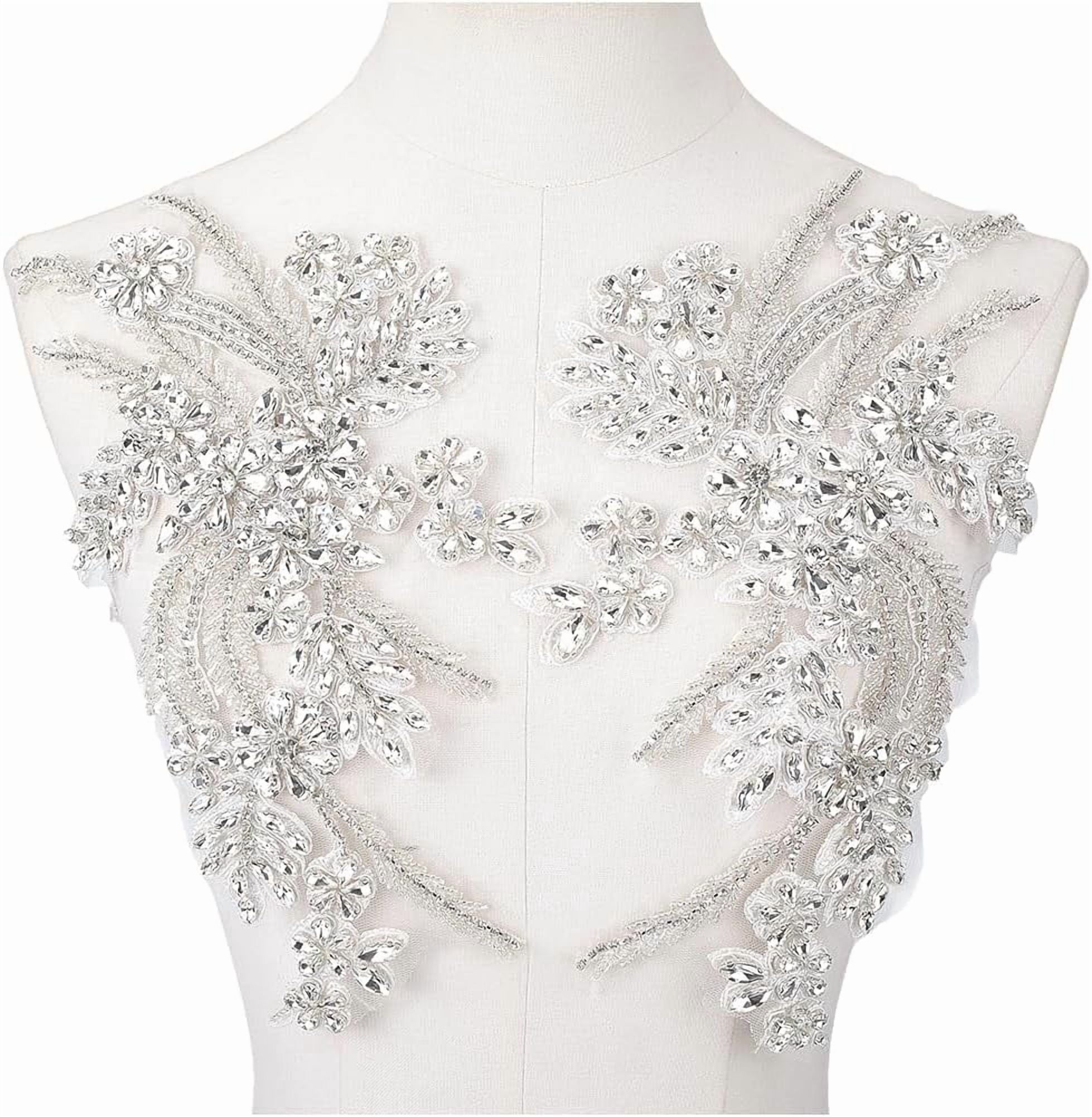 2Pcs Rhinestone Beaded Floral Embroidered Appliques Handmade 3D Shiny Bling Sequins Stone Embroidery Flower Lace Trim Applique Patches for Sewing Making Dress Gowns Wedding Clothes