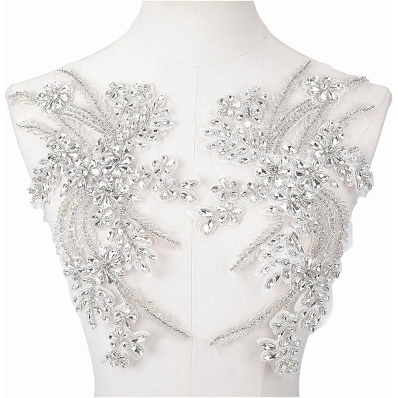 2Pcs Rhinestone Beaded Floral Embroidered Appliques Handmade 3D Shiny Bling Sequins Stone Embroidery Flower Lace Trim Applique Patches for Sewing Making Dress Gowns Wedding Clothes